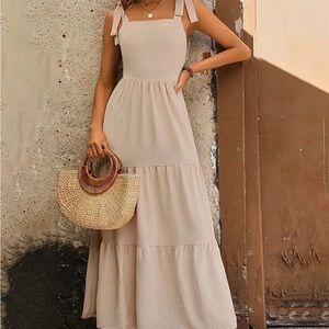 Tie-Strap Square Neck Tiered Maxi Dress in Beige